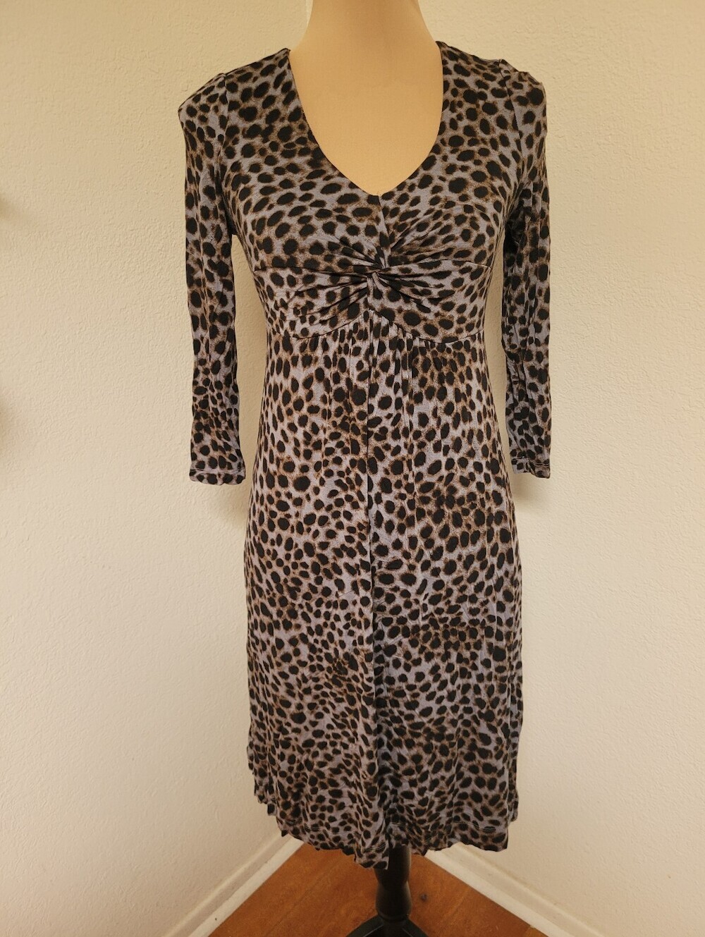Soma Grey and Black Leopard Print 3/4 Sleeve Dress Twist Front Detail